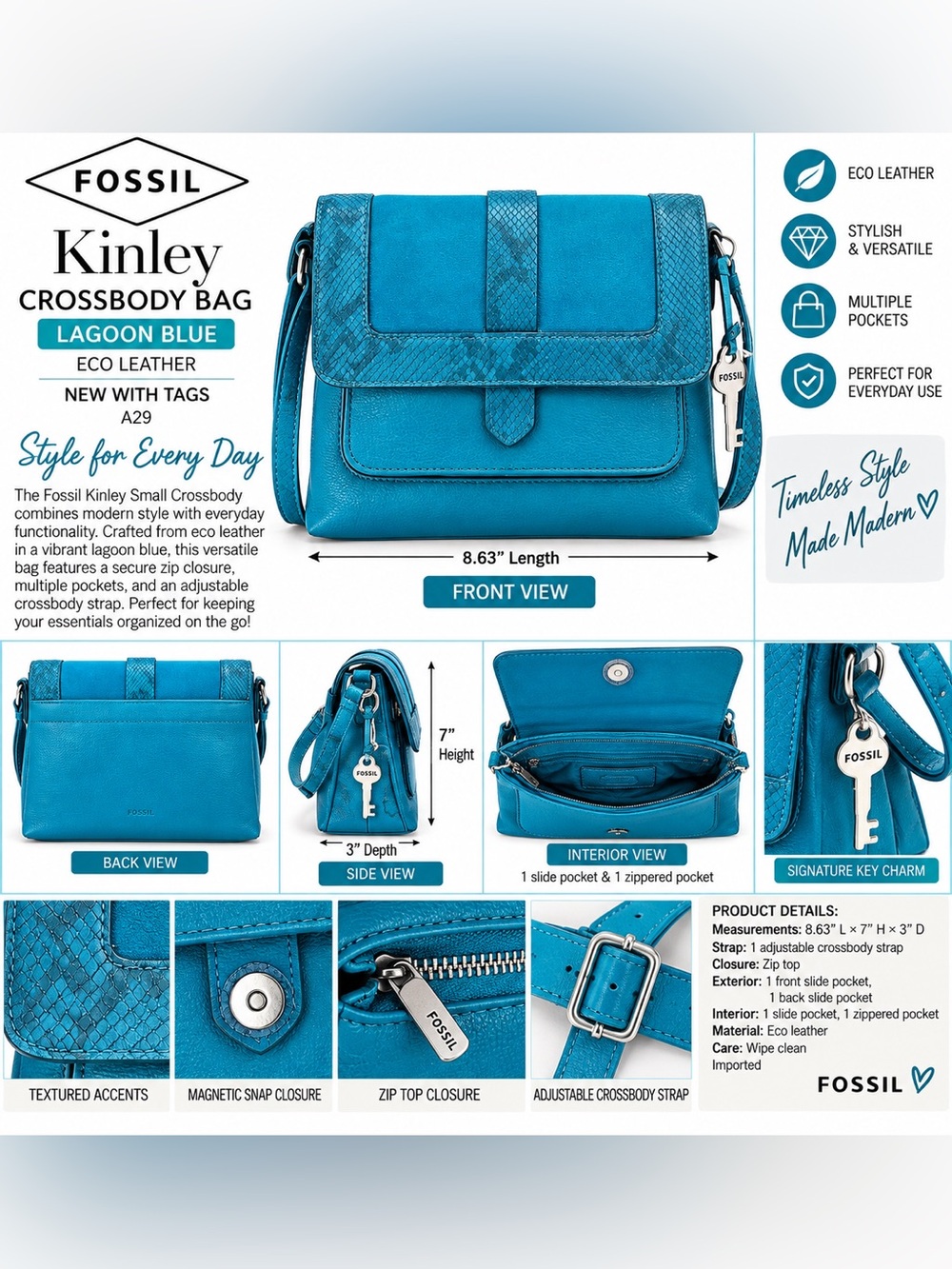 FOSSIL KINLEY ECO LEATHER CROSSBODY BAG - LAGOON BLUE (NEW WITH TAGS) A29
